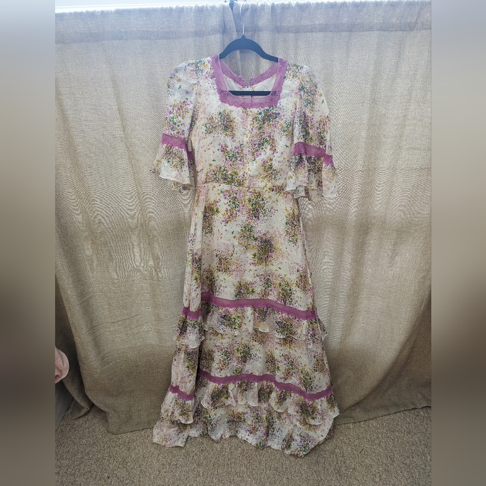 Vintage 70's Pink and Green Floral Ruffled Maxi Dress